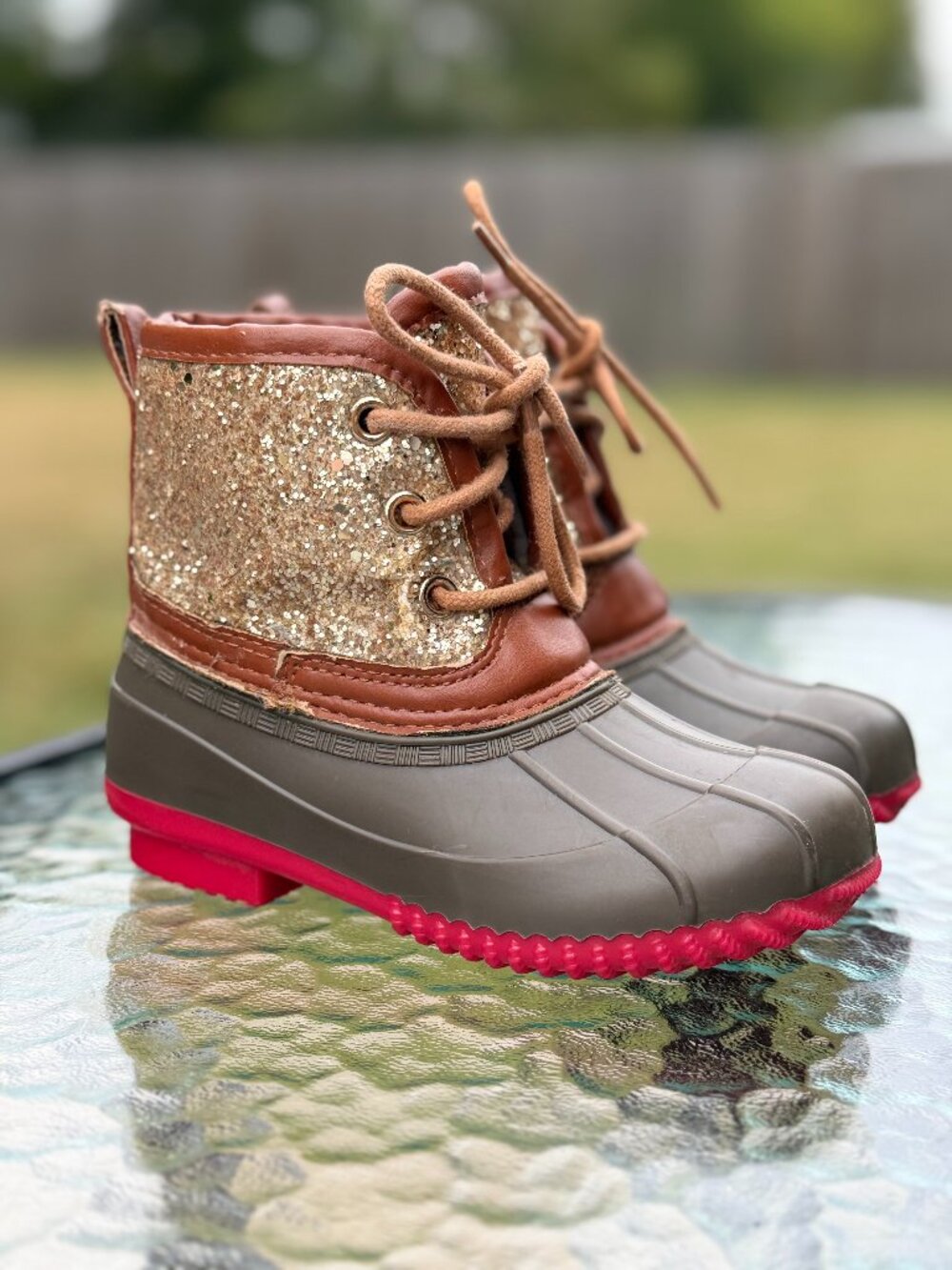 Pink Rush Girls 7 Gold Glitter Duck Boots Pink Sole Y2K Sparkle Winter 4303